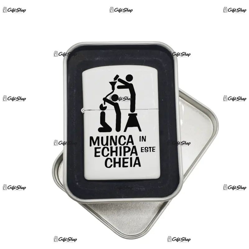 Munca in echipa, bricheta metalica gravata laser cu mesaj